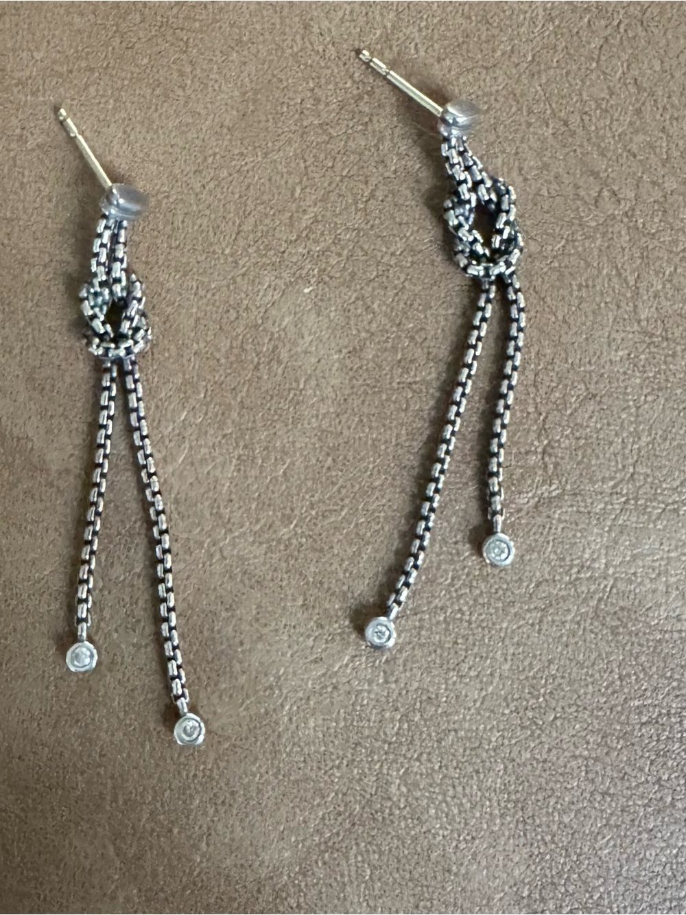 David Yurman Silver Knot Drop Earrings with Diamond